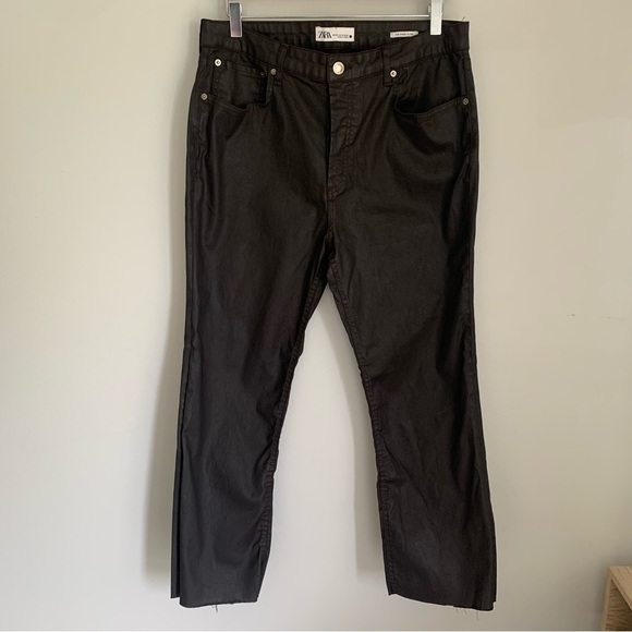 Zara The Dreed Flare chocolate brown coated jean pant high rise 14 - Picture 2 of 7